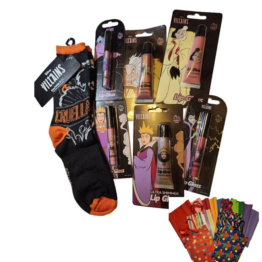 Disney‎ Villians set 6 Lipglosses Maleficent Cruella Crew Socks Gift Bag NEW#